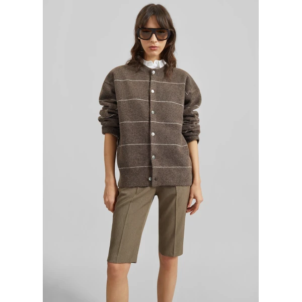The Frankie Shop Stenvad Crewneck Cardigan - Brown/White Stripe - Oversized Minimalist Knitwear in Multicolour - Shop at Luxury Shoes 