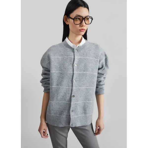 The Frankie Shop Stenvad Crewneck Cardigan - Grey/White Stripe - Oversized Minimalist Knitwear in Multicolour - Shop at Luxury Shoes 