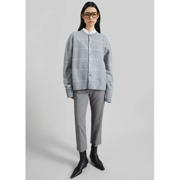 The Frankie Shop Stenvad Crewneck Cardigan - Grey/White Stripe - Oversized Minimalist Knitwear in Multicolour - Shop at Luxury Shoes 