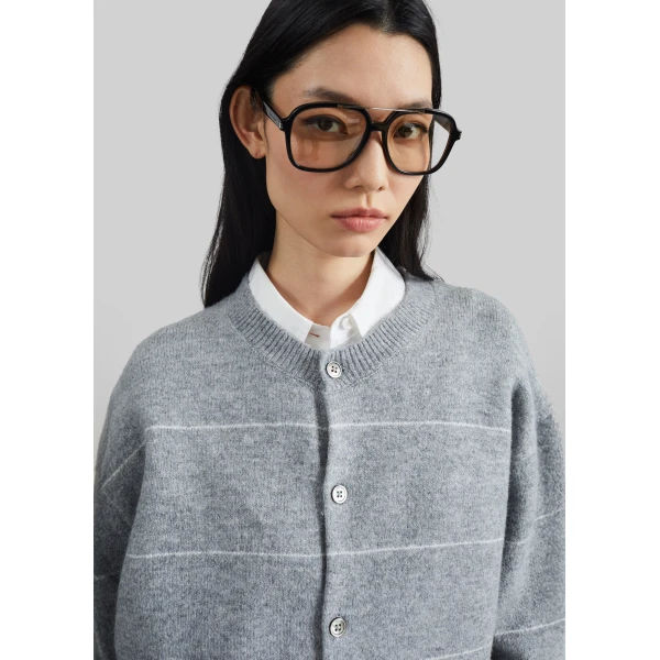 The Frankie Shop Stenvad Crewneck Cardigan - Grey/White Stripe - Oversized Minimalist Knitwear in Multicolour - Shop at Luxury Shoes 