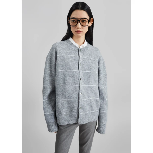 The Frankie Shop Stenvad Crewneck Cardigan - Grey/White Stripe - Oversized Minimalist Knitwear in Multicolour - Shop at Luxury Shoes 