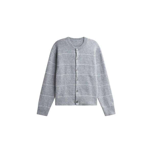 The Frankie Shop Stenvad Crewneck Cardigan - Grey/White Stripe - Oversized Minimalist Knitwear in Multicolour - Shop at Luxury Shoes 
