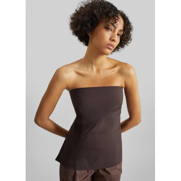 The Frankie Shop Strapless Rouleau Tie Top - Bark - Oversized Minimalist Tops in Beige - Shop at Luxury Shoes 