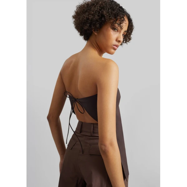 The Frankie Shop Strapless Rouleau Tie Top - Bark - Oversized Minimalist Tops in Beige - Shop at Luxury Shoes 