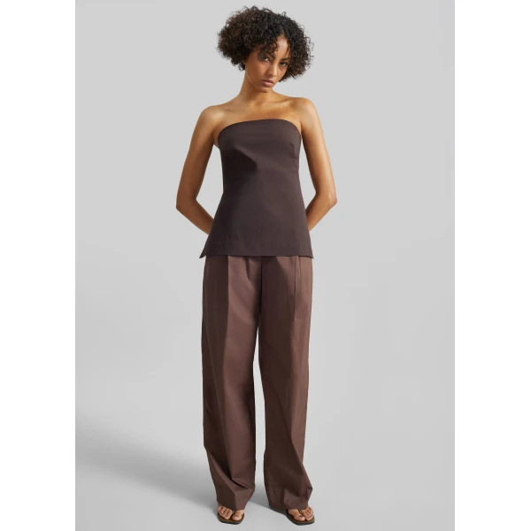 The Frankie Shop Strapless Rouleau Tie Top - Bark - Oversized Minimalist Tops in Beige - Shop at Luxury Shoes 