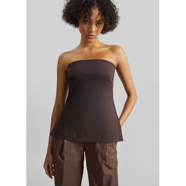 The Frankie Shop Strapless Rouleau Tie Top - Bark - Oversized Minimalist Tops in Beige - Shop at Luxury Shoes 