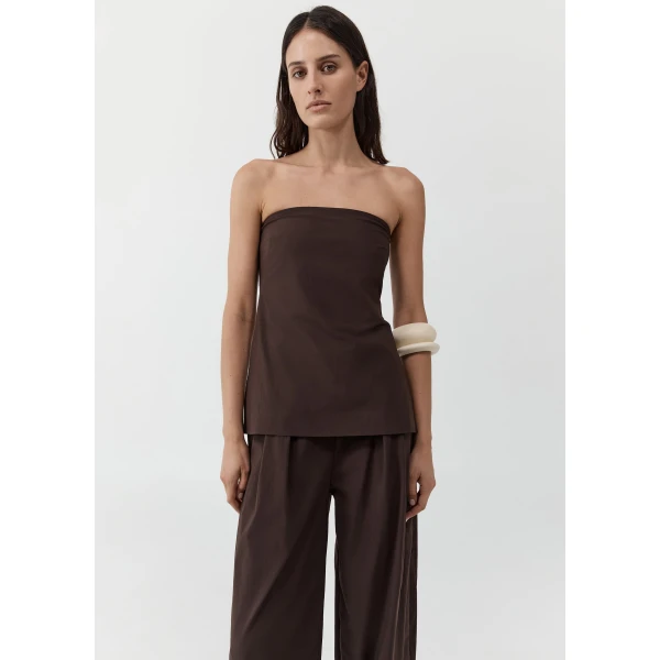 The Frankie Shop Strapless Rouleau Tie Top - Bark - Oversized Minimalist Tops in Beige - Shop at Luxury Shoes 