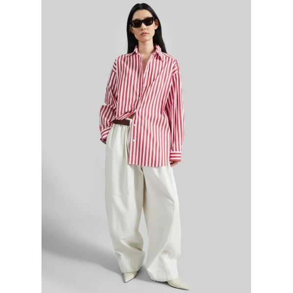The Frankie Shop Sylvia Oxford Shirt - White/Red Stripe - Oversized Minimalist Tops in Multicolour - Shop at Luxury Shoes 