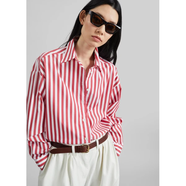 The Frankie Shop Sylvia Oxford Shirt - White/Red Stripe - Oversized Minimalist Tops in Multicolour - Shop at Luxury Shoes 