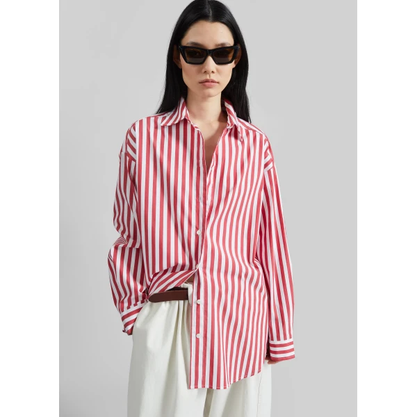 The Frankie Shop Sylvia Oxford Shirt - White/Red Stripe - Oversized Minimalist Tops in Multicolour - Shop at Luxury Shoes 