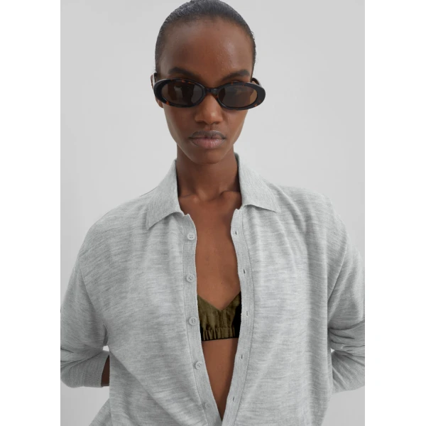 The Frankie Shop Tala Knit V-Neck Polo - Light Grey - Oversized Minimalist Tops in Grey - Shop at Luxury Shoes 