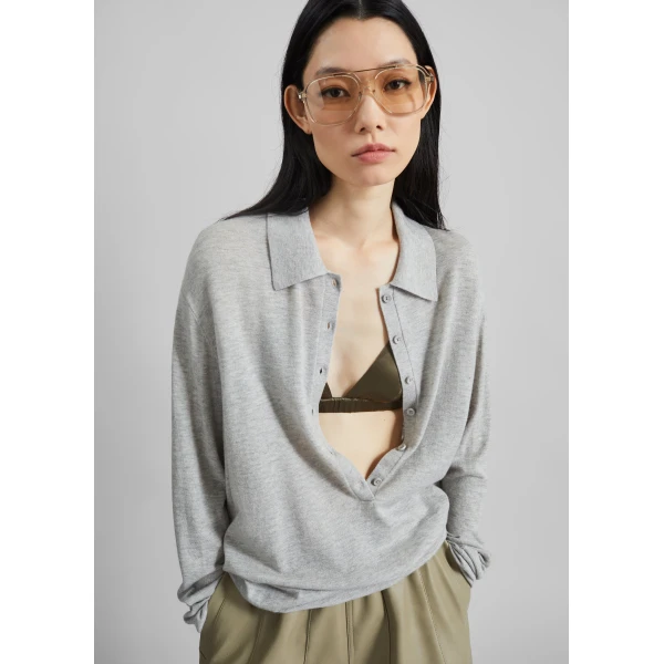 The Frankie Shop Tala Knit V-Neck Polo - Light Grey - Oversized Minimalist Tops in Grey - Shop at Luxury Shoes 