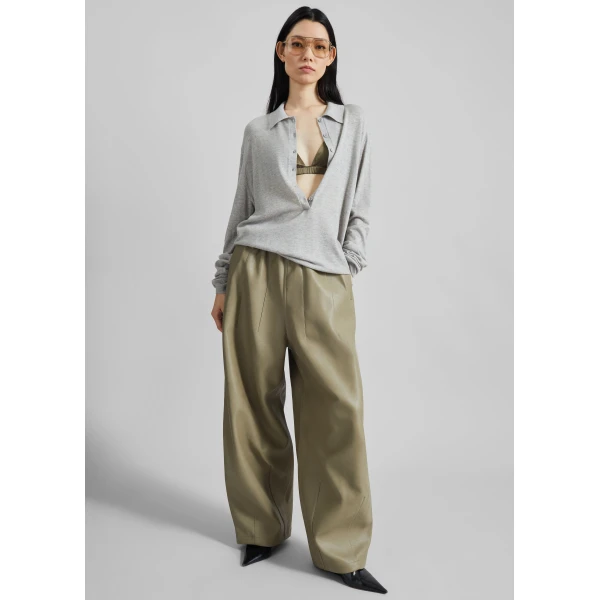 The Frankie Shop Tala Knit V-Neck Polo - Light Grey - Oversized Minimalist Tops in Grey - Shop at Luxury Shoes 