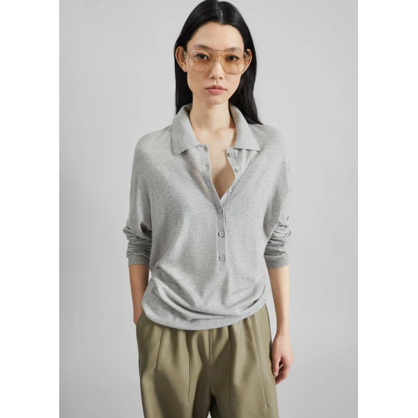 The Frankie Shop Tala Knit V-Neck Polo - Light Grey - Oversized Minimalist Tops in Grey - Shop at Luxury Shoes 
