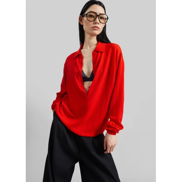 The Frankie Shop Tala Knit V-Neck Polo - Red - Oversized Minimalist Tops in Red - Shop at Luxury Shoes 