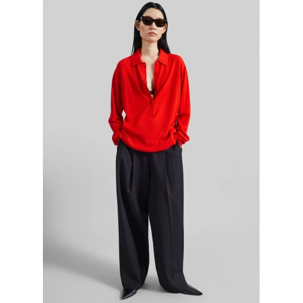 The Frankie Shop Tala Knit V-Neck Polo - Red - Oversized Minimalist Tops in Red - Shop at Luxury Shoes 