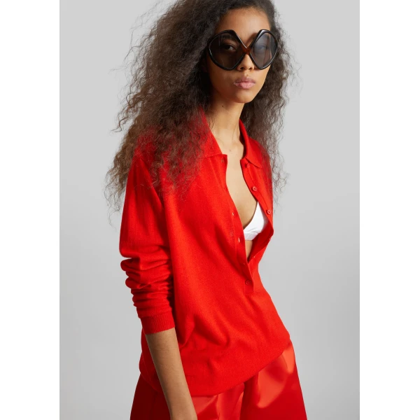 The Frankie Shop Tala Knit V-Neck Polo - Red - Oversized Minimalist Tops in Red - Shop at Luxury Shoes 