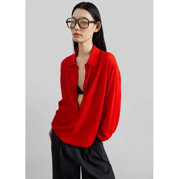 The Frankie Shop Tala Knit V-Neck Polo - Red - Oversized Minimalist Tops in Red - Shop at Luxury Shoes 