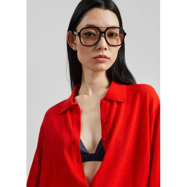 The Frankie Shop Tala Knit V-Neck Polo - Red - Oversized Minimalist Tops in Red - Shop at Luxury Shoes 