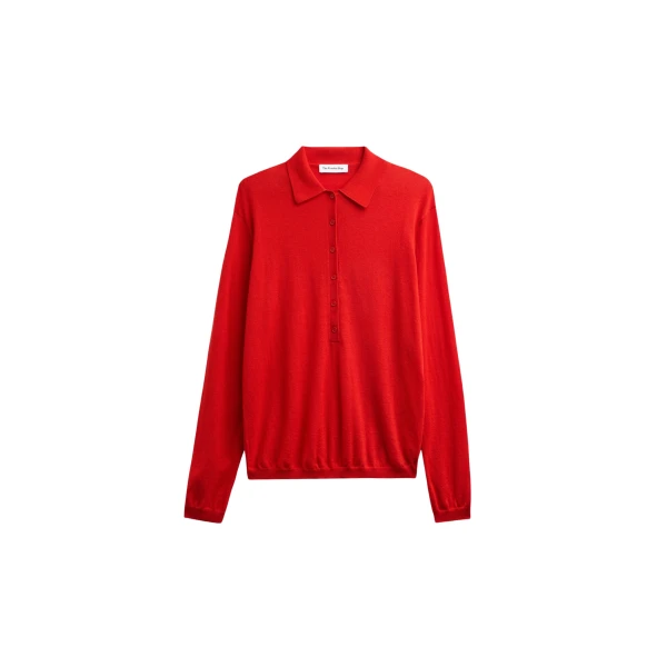 The Frankie Shop Tala Knit V-Neck Polo - Red - Oversized Minimalist Tops in Red - Shop at Luxury Shoes 