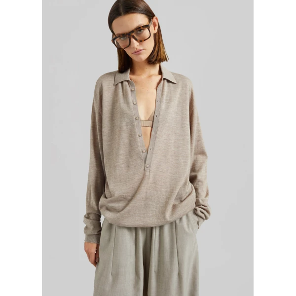 The Frankie Shop Tala Knit V-Neck Polo - Taupe Melange - Oversized Minimalist Tops in Beige - Shop at Luxury Shoes 