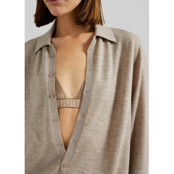 The Frankie Shop Tala Knit V-Neck Polo - Taupe Melange - Oversized Minimalist Tops in Beige - Shop at Luxury Shoes 