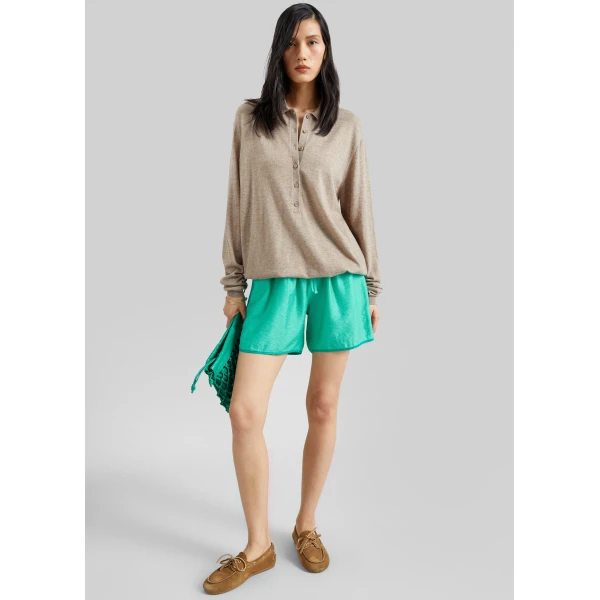 The Frankie Shop Tala Knit V-Neck Polo - Taupe Melange - Oversized Minimalist Tops in Beige - Shop at Luxury Shoes 