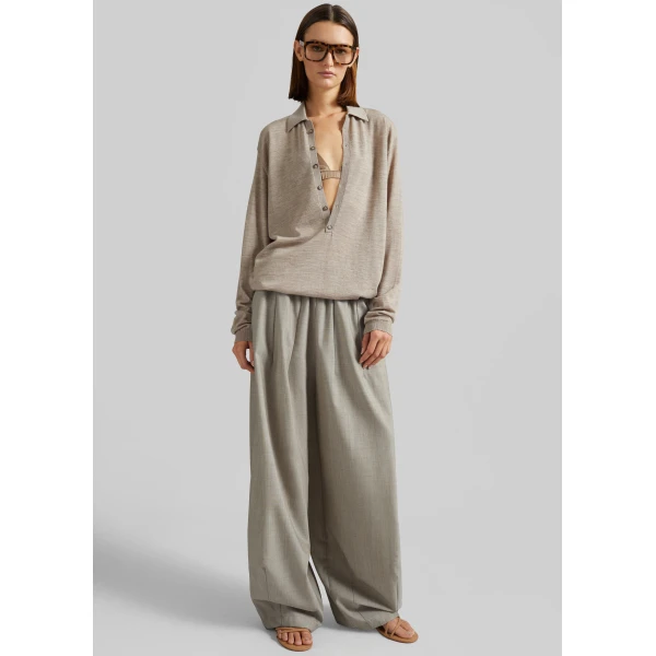 The Frankie Shop Tala Knit V-Neck Polo - Taupe Melange - Oversized Minimalist Tops in Beige - Shop at Luxury Shoes 