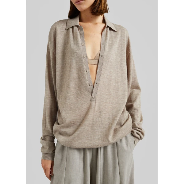The Frankie Shop Tala Knit V-Neck Polo - Taupe Melange - Oversized Minimalist Tops in Beige - Shop at Luxury Shoes 