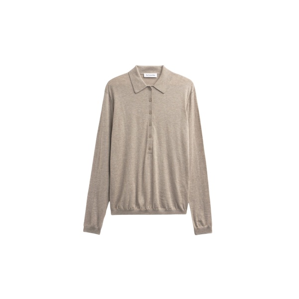The Frankie Shop Tala Knit V-Neck Polo - Taupe Melange - Oversized Minimalist Tops in Beige - Shop at Luxury Shoes 