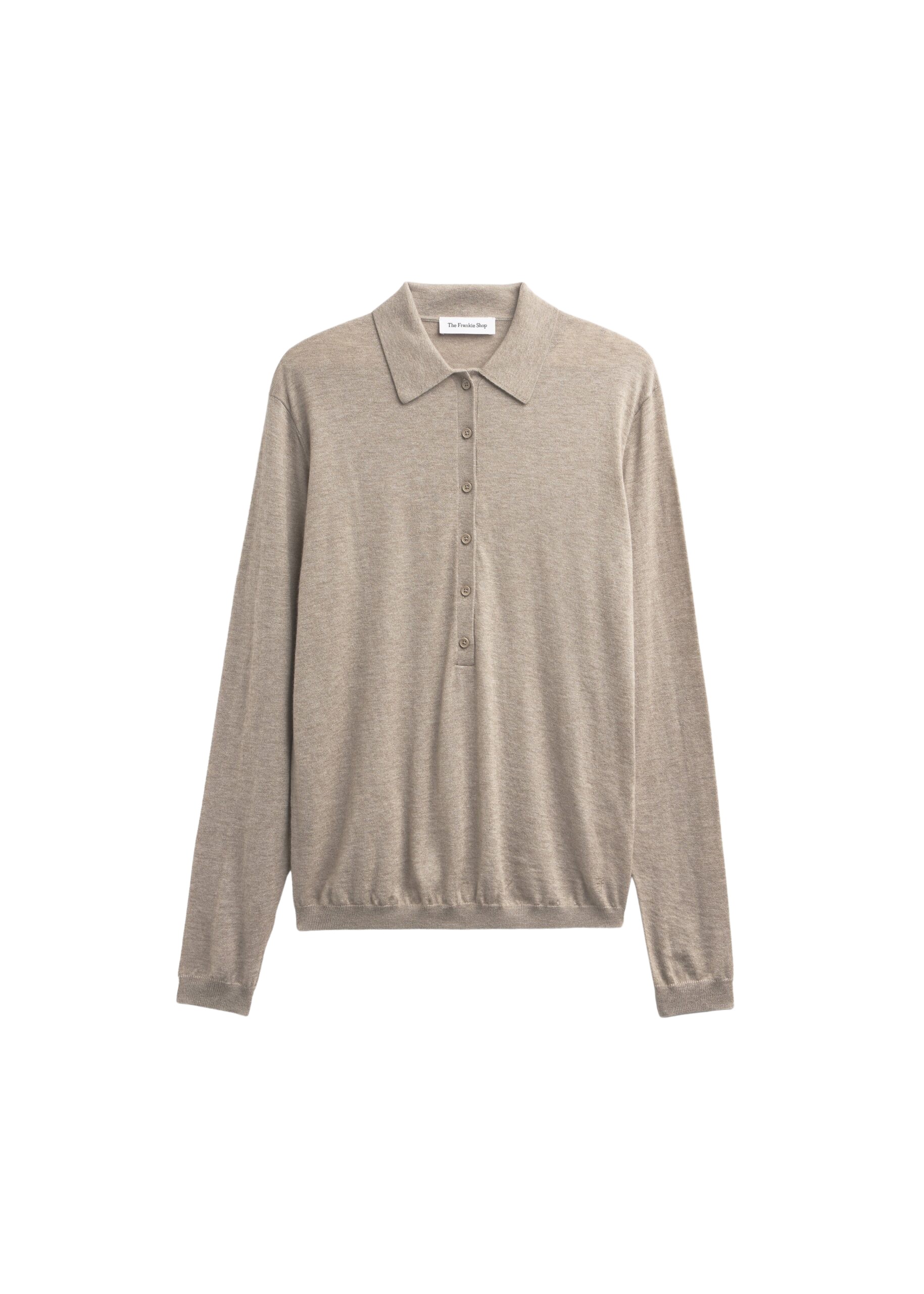The Frankie Shop Tala Knit V-Neck Polo - Taupe Melange - Oversized Minimalist Tops in Beige - Shop at Luxury Shoes 