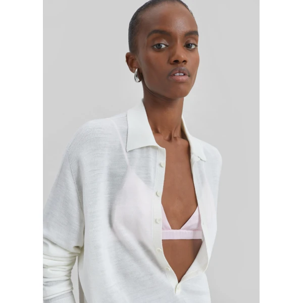 The Frankie Shop Tala Knit V-Neck Polo - White - Oversized Minimalist Tops in White - Shop at Luxury Shoes 