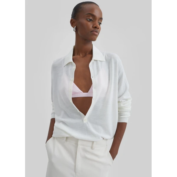 The Frankie Shop Tala Knit V-Neck Polo - White - Oversized Minimalist Tops in White - Shop at Luxury Shoes 