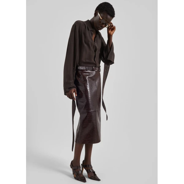 The Frankie Shop Taney Croc Leather Pencil Skirt - Dark Brown - Oversized Minimalist Skirts in Beige - Shop at Luxury Shoes 