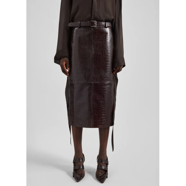 The Frankie Shop Taney Croc Leather Pencil Skirt - Dark Brown - Oversized Minimalist Skirts in Beige - Shop at Luxury Shoes 