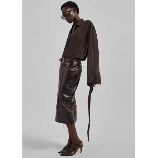 The Frankie Shop Taney Croc Leather Pencil Skirt - Dark Brown - Oversized Minimalist Skirts in Beige - Shop at Luxury Shoes 