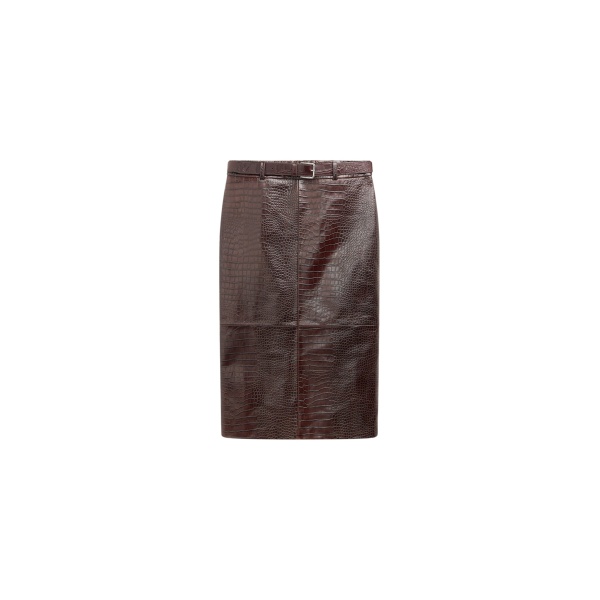 The Frankie Shop Taney Croc Leather Pencil Skirt - Dark Brown - Oversized Minimalist Skirts in Beige - Shop at Luxury Shoes 