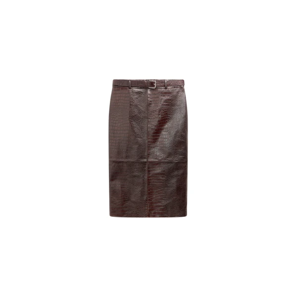 The Frankie Shop Taney Croc Leather Pencil Skirt - Dark Brown - Oversized Minimalist Skirts in Beige - Shop at Luxury Shoes 
