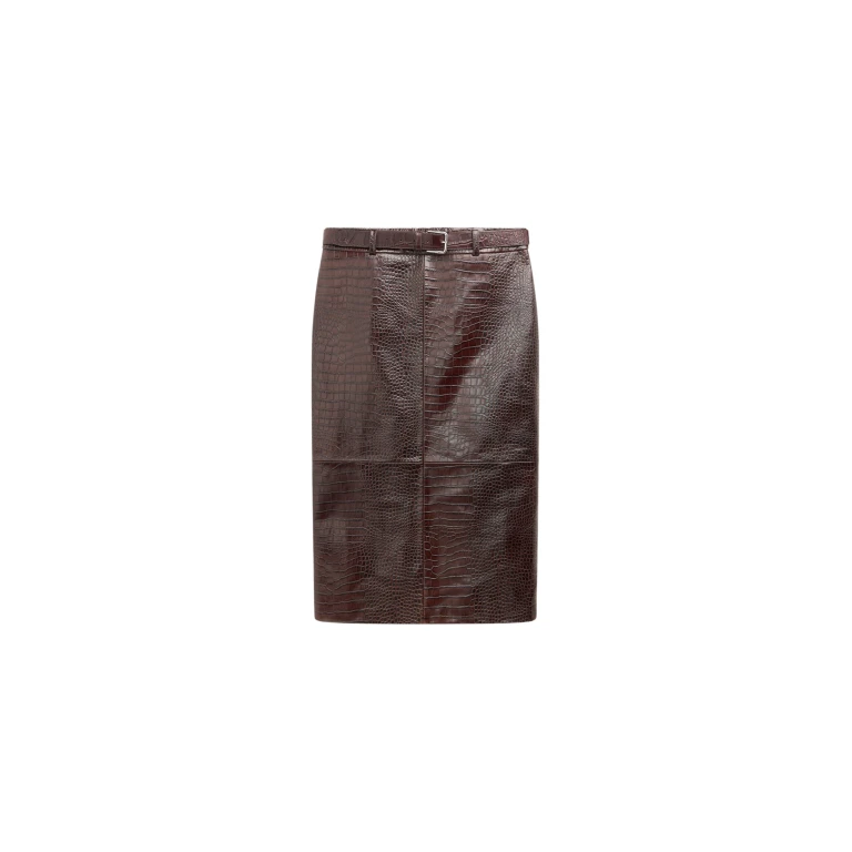 The Frankie Shop Taney Croc Leather Pencil Skirt - Dark Brown - Oversized Minimalist Skirts in Beige - Shop at Luxury Shoes 