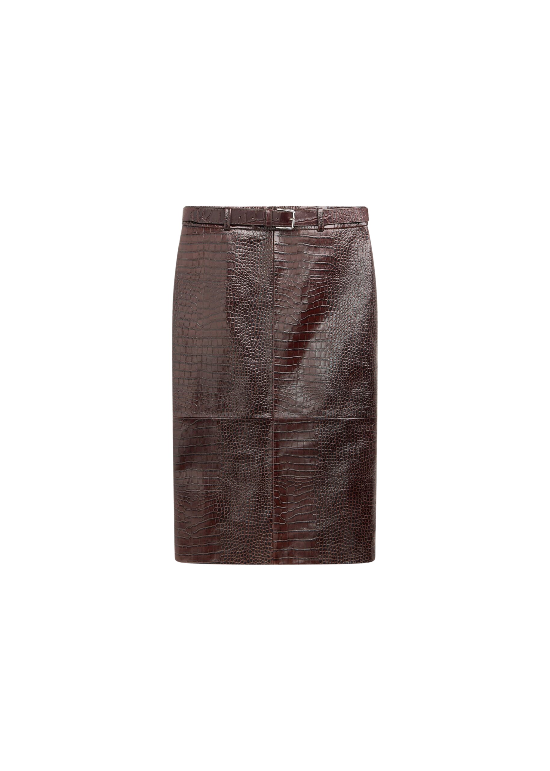 The Frankie Shop Taney Croc Leather Pencil Skirt - Dark Brown - Oversized Minimalist Skirts in Beige - Shop at Luxury Shoes 