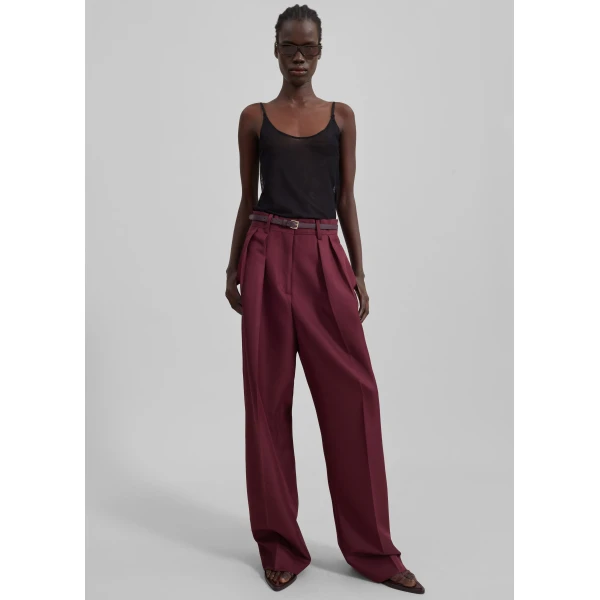 The Frankie Shop Tansy Pleated Trousers - Burgundy - Oversized Minimalist Pants in Red - Shop at Luxury Shoes 