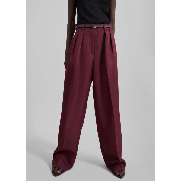 The Frankie Shop Tansy Pleated Trousers - Burgundy - Oversized Minimalist Pants in Red - Shop at Luxury Shoes 