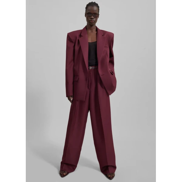 The Frankie Shop Tansy Pleated Trousers - Burgundy - Oversized Minimalist Pants in Red - Shop at Luxury Shoes 