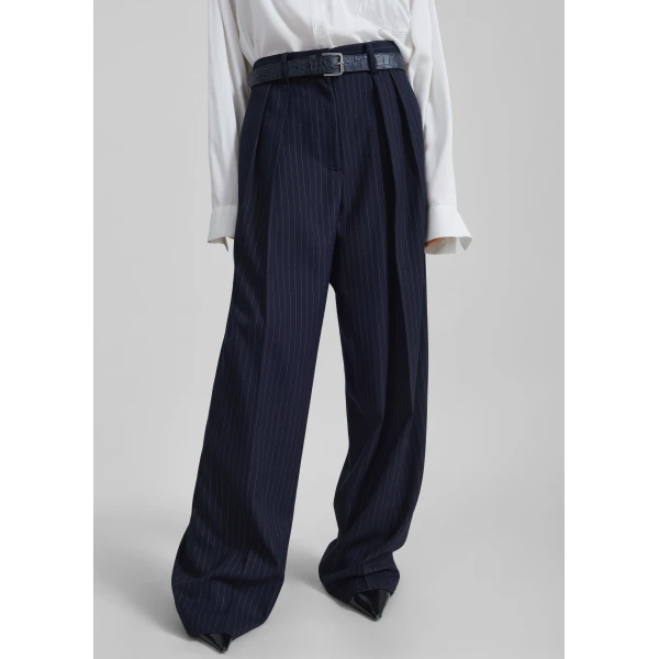 The Frankie Shop Tansy Pleated Trousers - Navy Pinstripe - Oversized Minimalist Pants in Multicolour - Shop at Luxury Shoes 