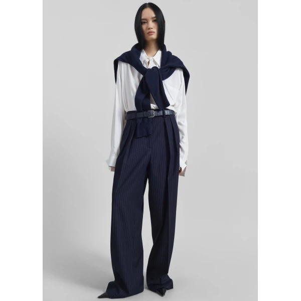 The Frankie Shop Tansy Pleated Trousers - Navy Pinstripe - Oversized Minimalist Pants in Multicolour - Shop at Luxury Shoes 