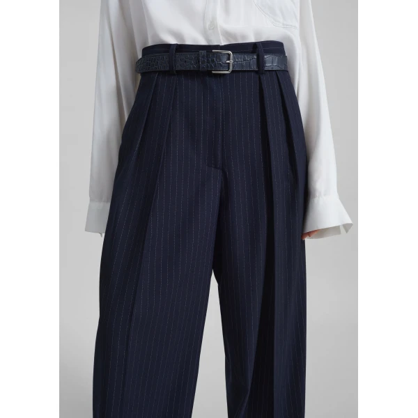 The Frankie Shop Tansy Pleated Trousers - Navy Pinstripe - Oversized Minimalist Pants in Multicolour - Shop at Luxury Shoes 
