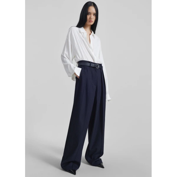 The Frankie Shop Tansy Pleated Trousers - Navy Pinstripe - Oversized Minimalist Pants in Multicolour - Shop at Luxury Shoes 