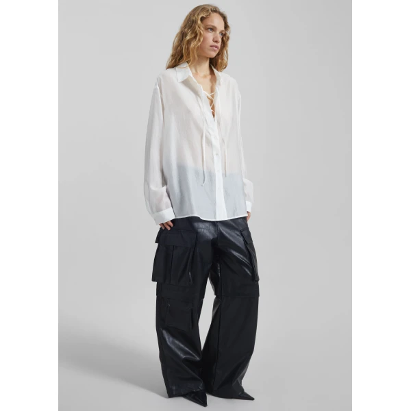 The Frankie Shop Tarra Tie-Front Sheer Shirt - White - Oversized Minimalist Tops in White - Shop at Luxury Shoes 