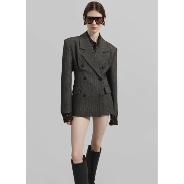 The Frankie Shop Tenby Striped Cinched Blazer - Brown Melange - Oversized Minimalist Jackets in Beige - Shop at Luxury Shoes 