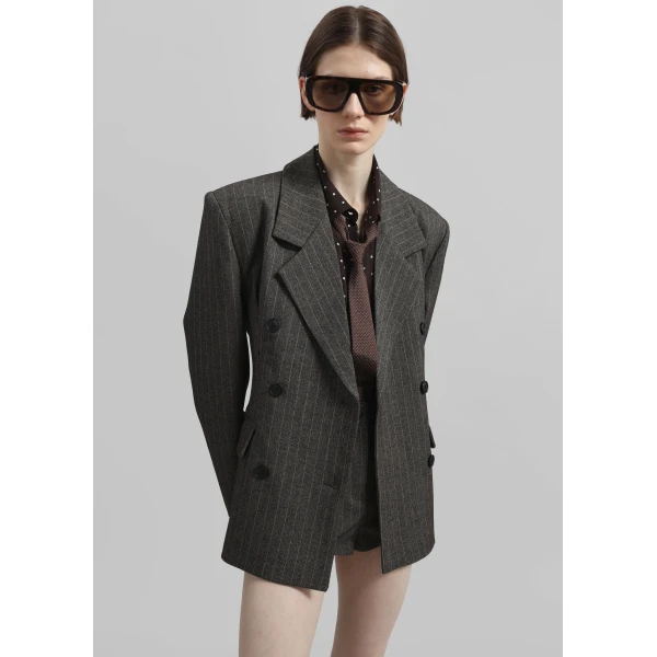 The Frankie Shop Tenby Striped Cinched Blazer - Brown Melange - Oversized Minimalist Jackets in Beige - Shop at Luxury Shoes 